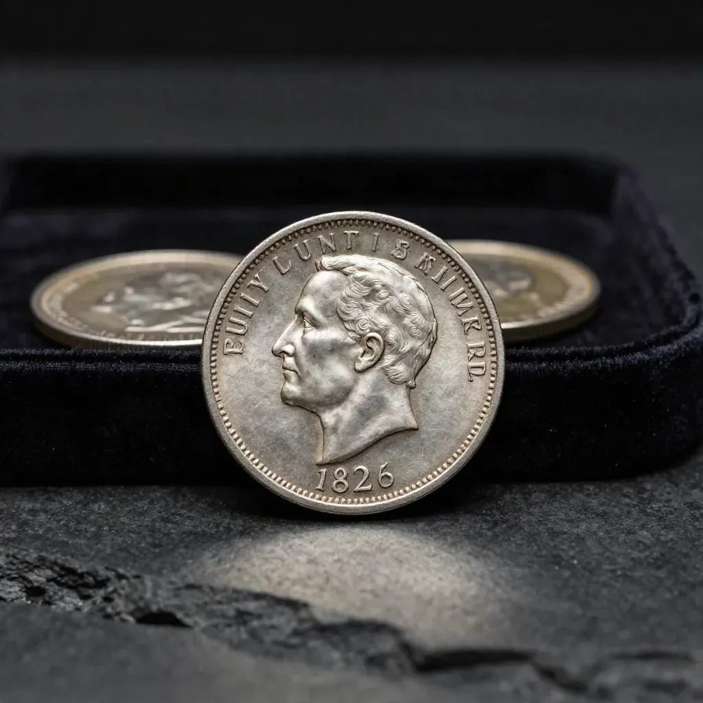 Staande zilveren munt van Willem I op donkere tray, met zachte schaduw en tweede munt op de achtergrond.