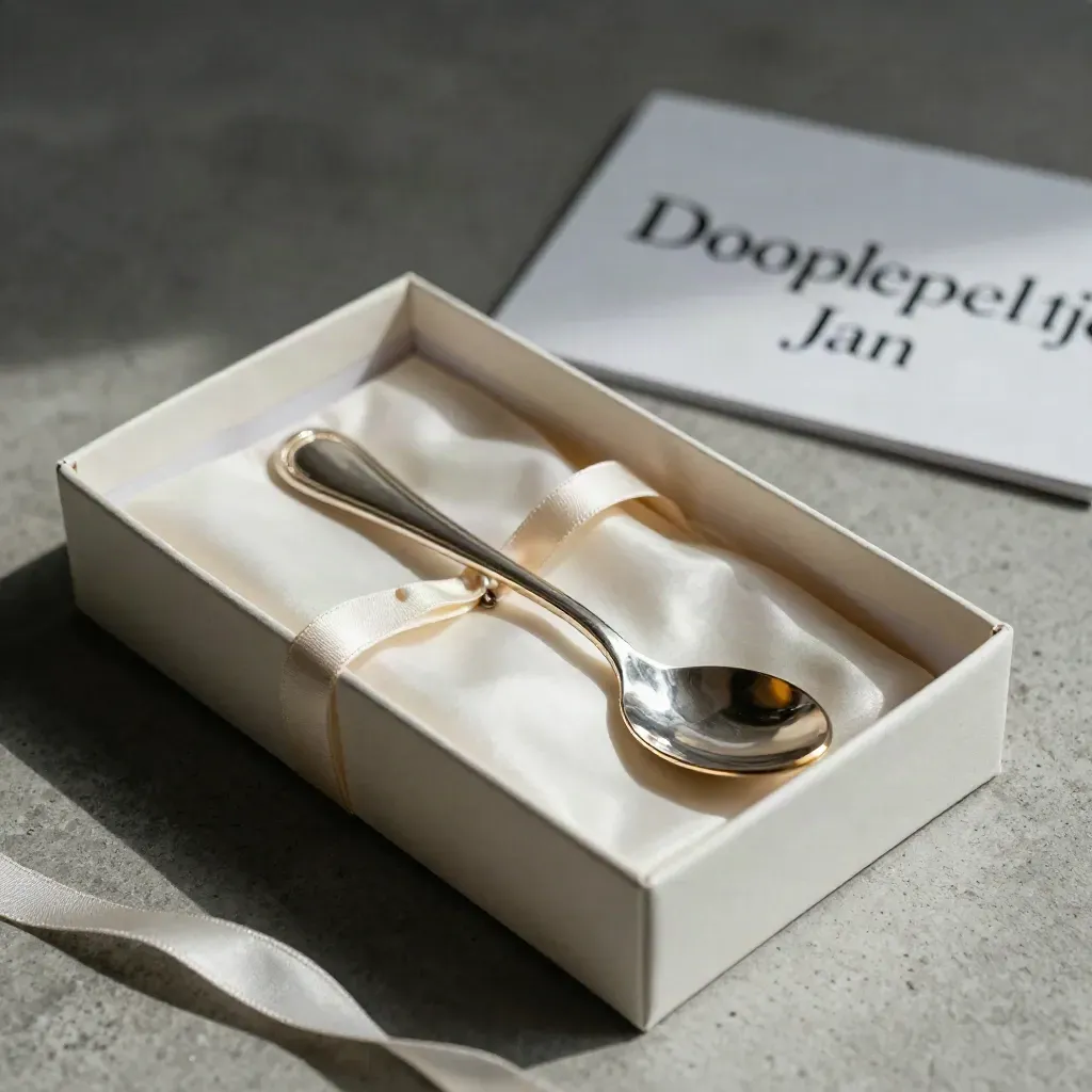 Open geschenkdoos met zilveren dooplepeltje, satijnpapier en lint, close-up met warm goud licht